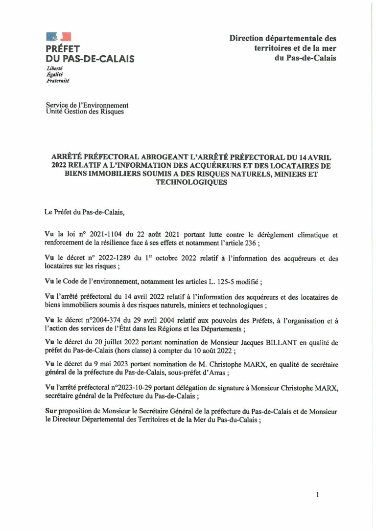 Lire la suite à propos de l’article Arrêté Préfectoral relatif à l’information des acquéreurs et des locataires de biens immobiliers