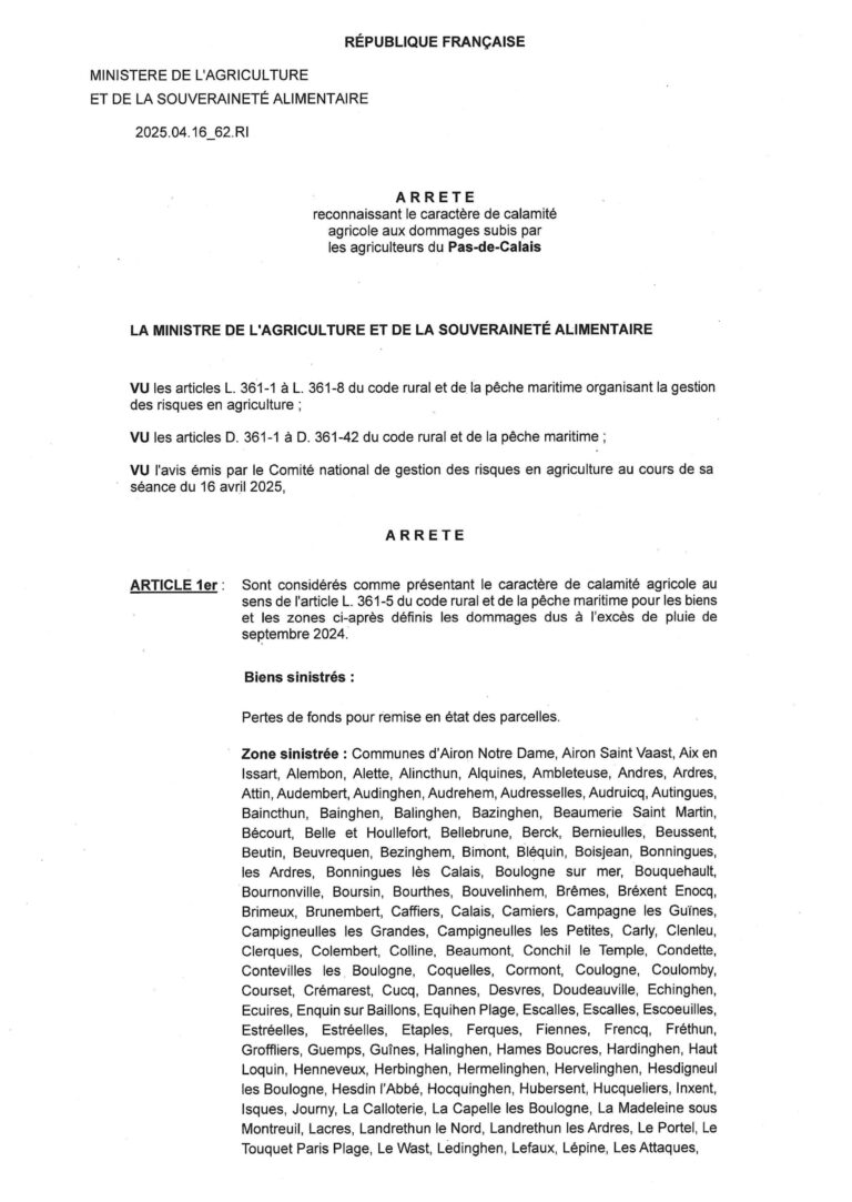 Lire la suite à propos de l’article ARRÊTÉ PRÉFECTORAL : Calamité agricole pour pertes de fonds suite à l’excès de pluie du 01 septembre 2024 au 30 septembre 2024