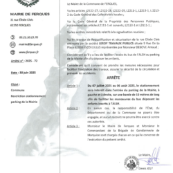 ARRÊTÉ MUNICIPAL : restriction de stationnement parking de la Mairie à compter du 7 juillet 2025