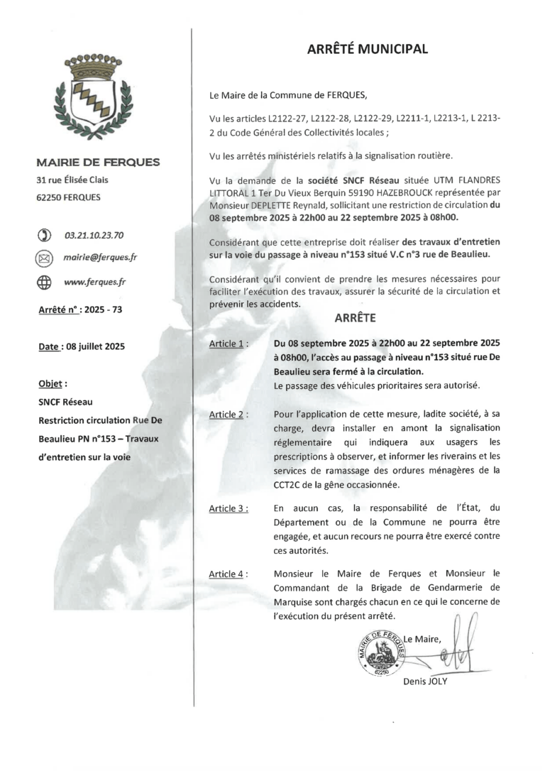 Lire la suite à propos de l’article ARRÊTÉ MUNICIPAL : Restriction de circulation rue de Beaulieu → travaux d’entretien SNCF