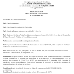 Interruption temporaire de la circulation sur la route départementale D243 à l’occasion du 18ème Slalom de la Vallée Heureuse
