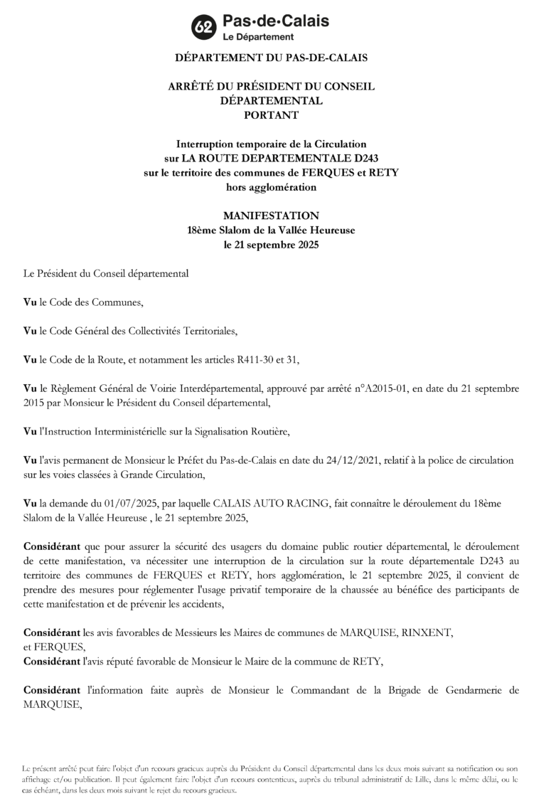 Lire la suite à propos de l’article Interruption temporaire de la circulation sur la route départementale D243 à l’occasion du 18ème Slalom de la Vallée Heureuse