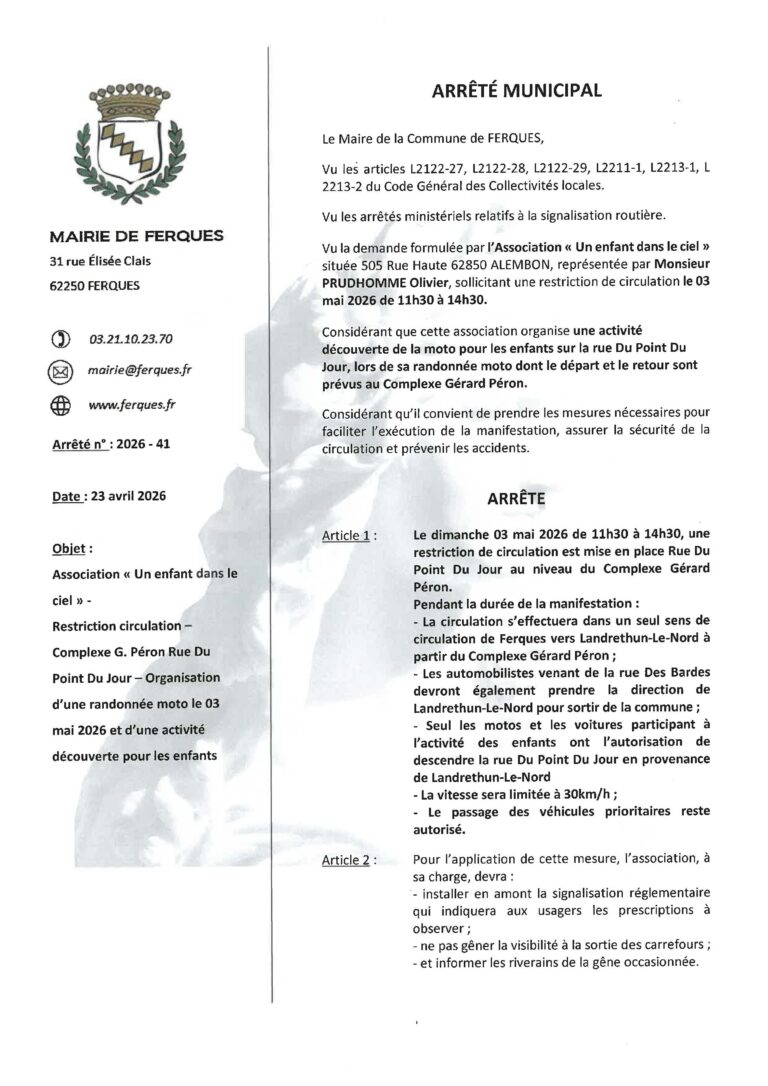 Lire la suite à propos de l’article RESTRICTION DE CIRCULATION RUE DU POINT DU JOUR LE 3 MAI 2026