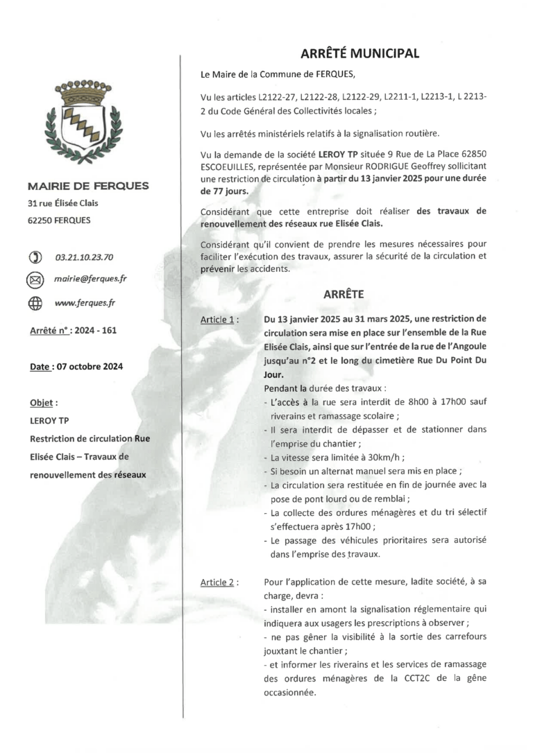 Lire la suite à propos de l’article ARRÊTÉ REPRISE DES TRAVAUX RUE ELISÉE CLAIS