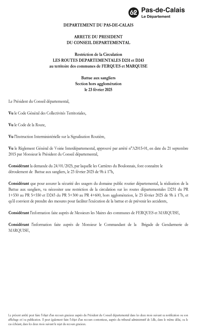 Lire la suite à propos de l’article ARRÊTÉ BATTUE AUX SANGLIERS 23 FÉVRIER 2025