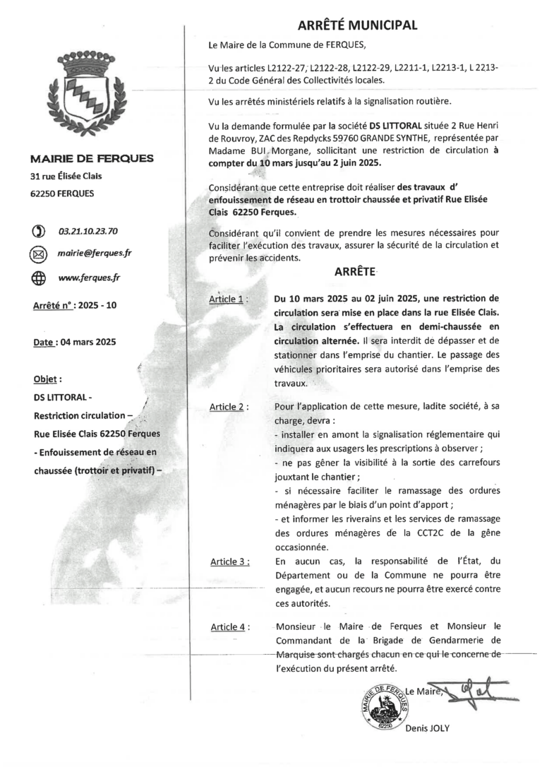 Lire la suite à propos de l’article ARRÊTÉ DS LITTORAL : RESTRICTION DE CIRCULATION RUE ELISÉE CLAIS