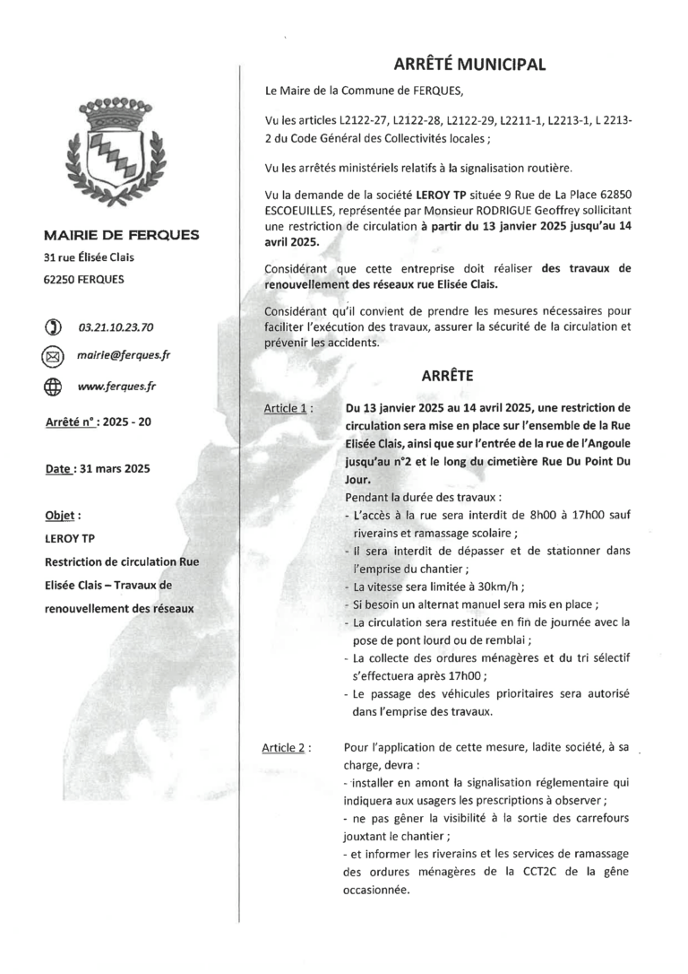 Lire la suite à propos de l’article ARRÊTÉ MUNICIPAL TRAVAUX RUE ELISÉE CLAIS