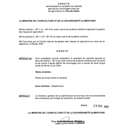 ARRÊTÉ DE RECONNAISSANCE DE CALAMITÉ AGRICOLE AUX DOMMAGES SUBIS PAR LES AGRICULTEURS DU PAS-DE-CALAIS