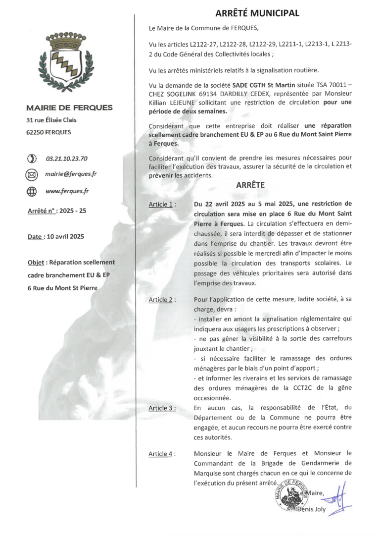 Lire la suite à propos de l’article ARRÊTÉ MUNICIPAL : réparation scellement cadre branchement Rue du Mont St pierre