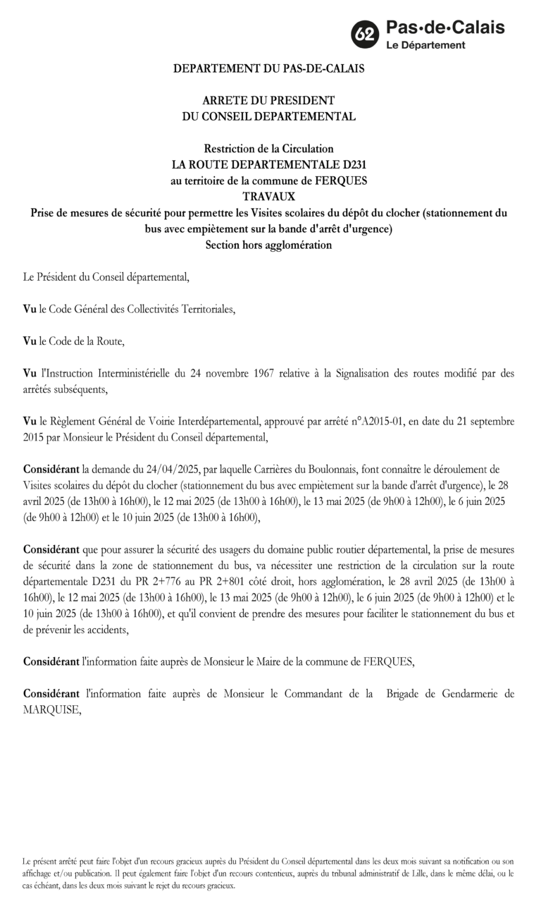 Lire la suite à propos de l’article Restriction de circulation sur la route départementale D231