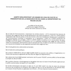 ARRÊTÉ RÉGLEMENTANT LES USAGES DE L’EAU EN VUE DE LA PRÉSERVATION DE LA RESSOURCE EN EAU DANS LE DÉPARTEMENT DU PAS-DE-CALAIS