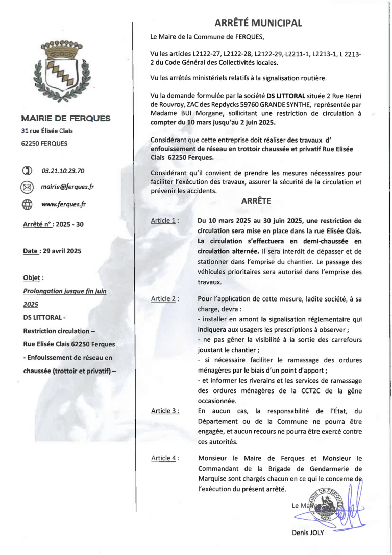 Lire la suite à propos de l’article ARRÊTÉ MUNICIPAL : Restriction de circulation rue Elisée Clais / Travaux DS Littoral (prolongation jusque fin juin)