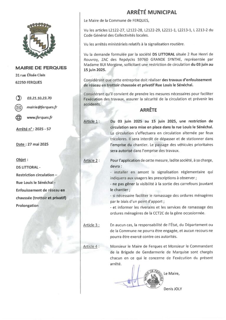 Lire la suite à propos de l’article RESTRICTION DE CIRCULATION RUE LOUIS LE SENECHAL DU 3 AU 15 JUIN 2025