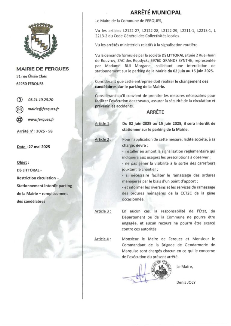 Lire la suite à propos de l’article INTERDICTION DE STATIONNER SUR LE PARKING DE LA MAIRIE DU 2 AU 13 JUIN 2025