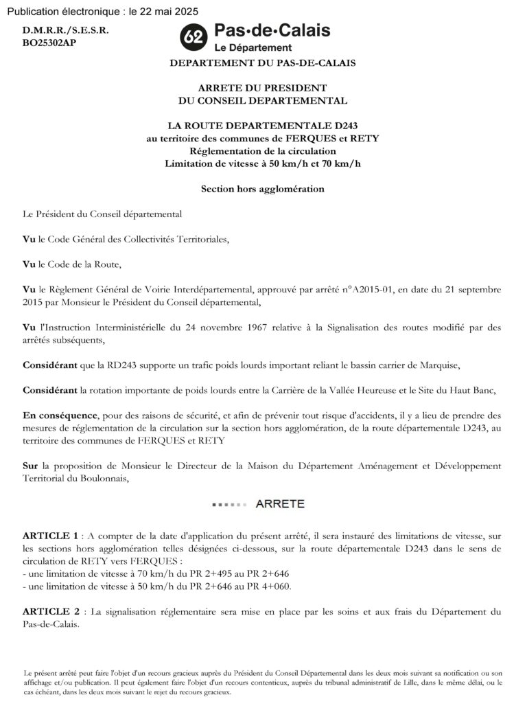 Lire la suite à propos de l’article ARRÊTÉ DÉPARTEMENTAL RÉGLEMENTANT LA VITESSE SUR LA RD943