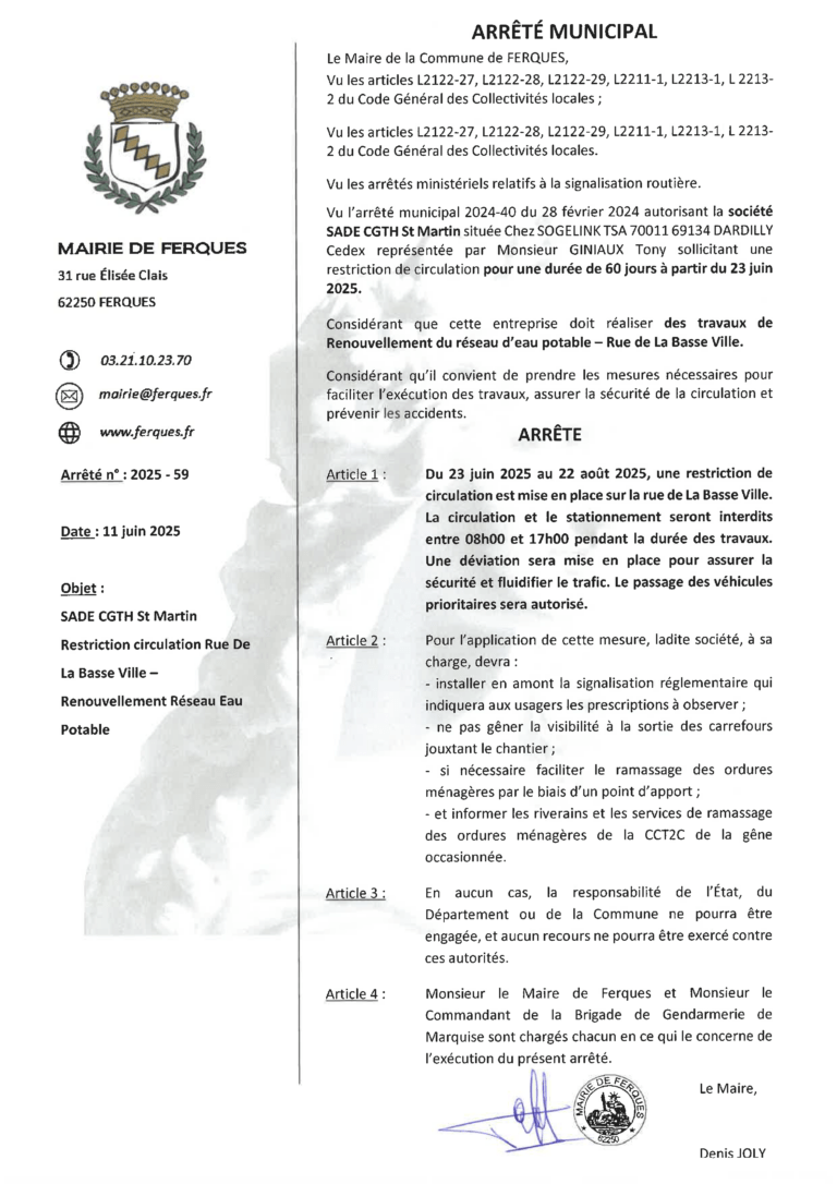 Lire la suite à propos de l’article ARRÊTÉ DE CIRCULATION – RUE DE LA BASSE VILLE : du 23 juin au 22 août 2025
