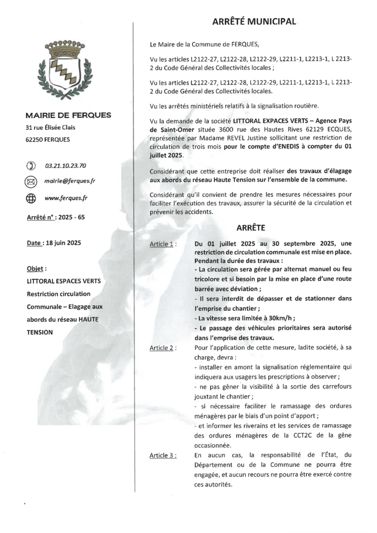 Lire la suite à propos de l’article ARRÊTÉ MUNICIPAL ÉLAGAGE ABORDS RÉSEAU HAUTE-TENSION : DU 1er JUILLET AU 30 SEPTEMBRE 2025
