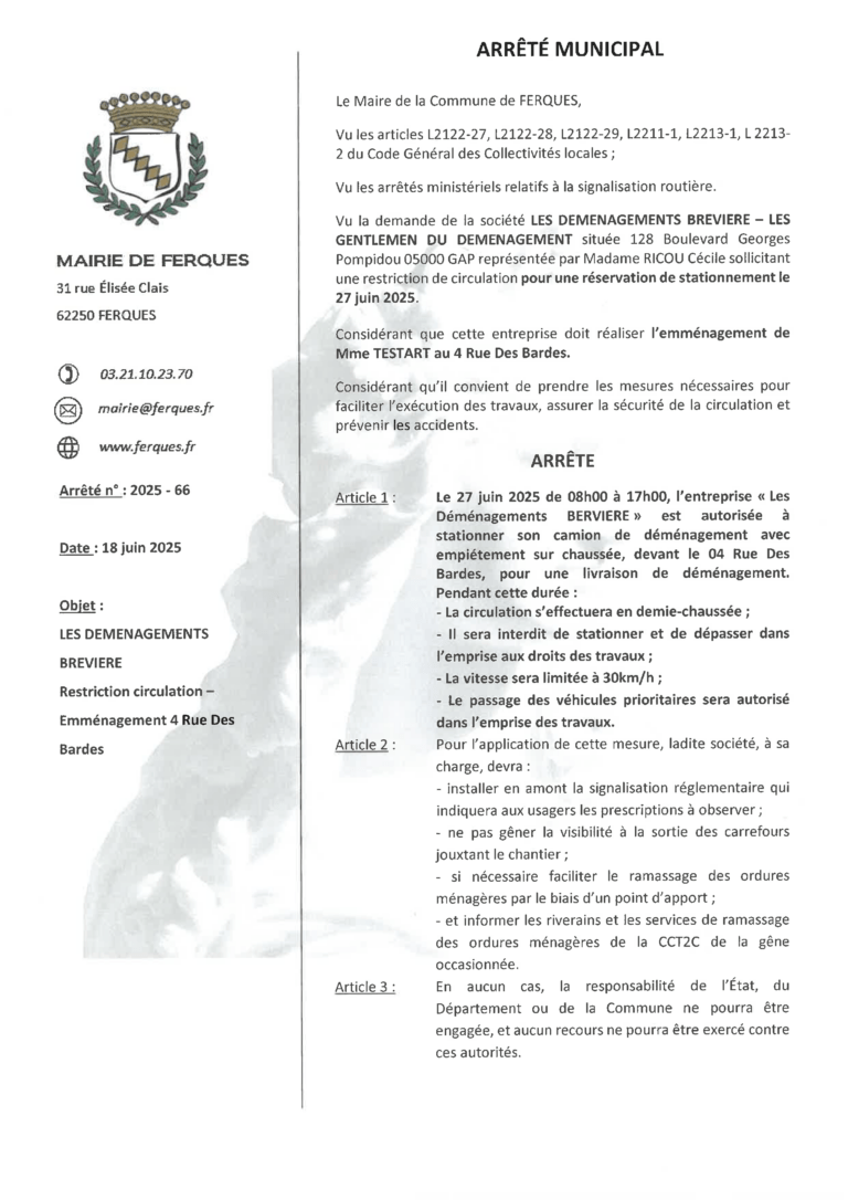 Lire la suite à propos de l’article ARRÊTÉ MUNICIPAL : EMMÉNAGEMENT RUE DES BARDES LE 27 JUIN 2025