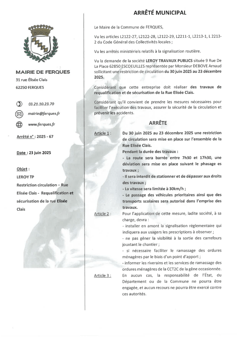 Lire la suite à propos de l’article ARRÊTÉ MUNICIPAL : Restriction circulation dans la rue Élisée Clais – Requalification et sécurisation de la rue Elisée Clais du 30/06/25 au 25/12/25