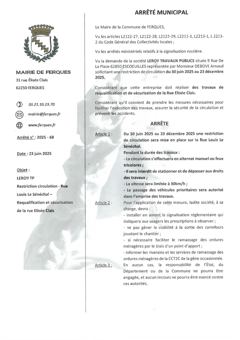 Lire la suite à propos de l’article ARRÊTÉ MUNICIPAL : Restriction circulation dans la rue Louis le Sénéchal – Requalification et sécurisation de la rue Elisée Clais du 30/06/25 au 25/12/25