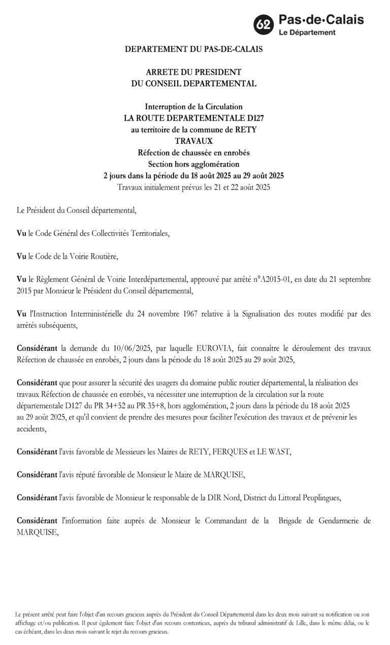 Lire la suite à propos de l’article ARRÊTÉ DE CIRCULATION : TRAVAUX DE RÉFECTION DE CHAUSSÉE EN ENROBÉS RD D127 RÉTY