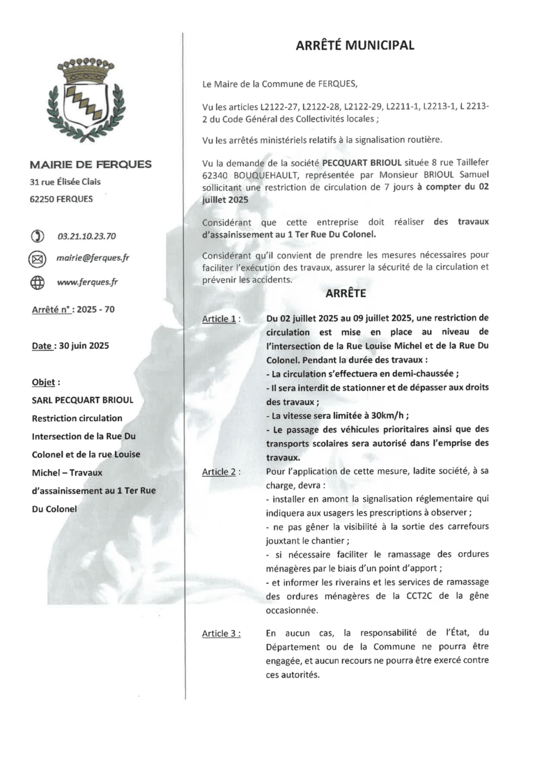 Lire la suite à propos de l’article ARRÊTÉ MUNICIPAL : restriction de circulation à l’intersection de la rue du Colonel et de la rue Louise Michel à compter du 2 juillet 2025